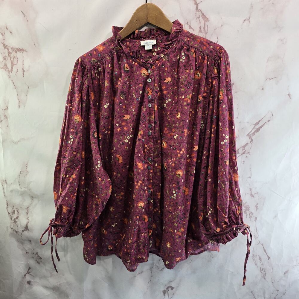 Sundance Shirt Womens 2X Pink Ruffle Button Peasant Floral Bow Tie Prairie Poet